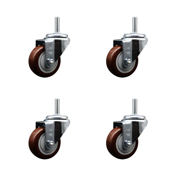 3 Inch Maroon Polyurethane Wheel Swivel 58 Inch Threaded Stem Caster Set Service Caster